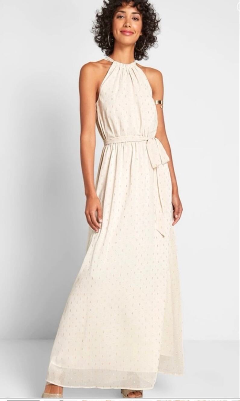 ModCloth Cream Halter Maxi Dress with Sparkly Dot Detail